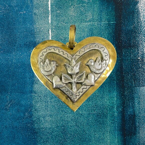 Vintage RARE Retired Jeep Collins Brass & Sterling Handmade Dove Heart Pendant - Picture 2 of 13